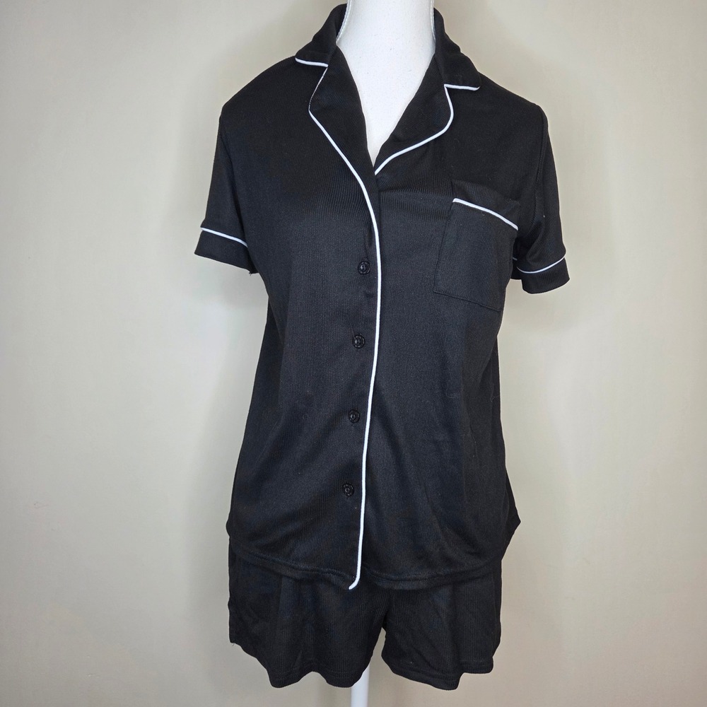 Nicole Miller New York Womens Black Ribbed Pajama Set Short Sleeve Shorts Small